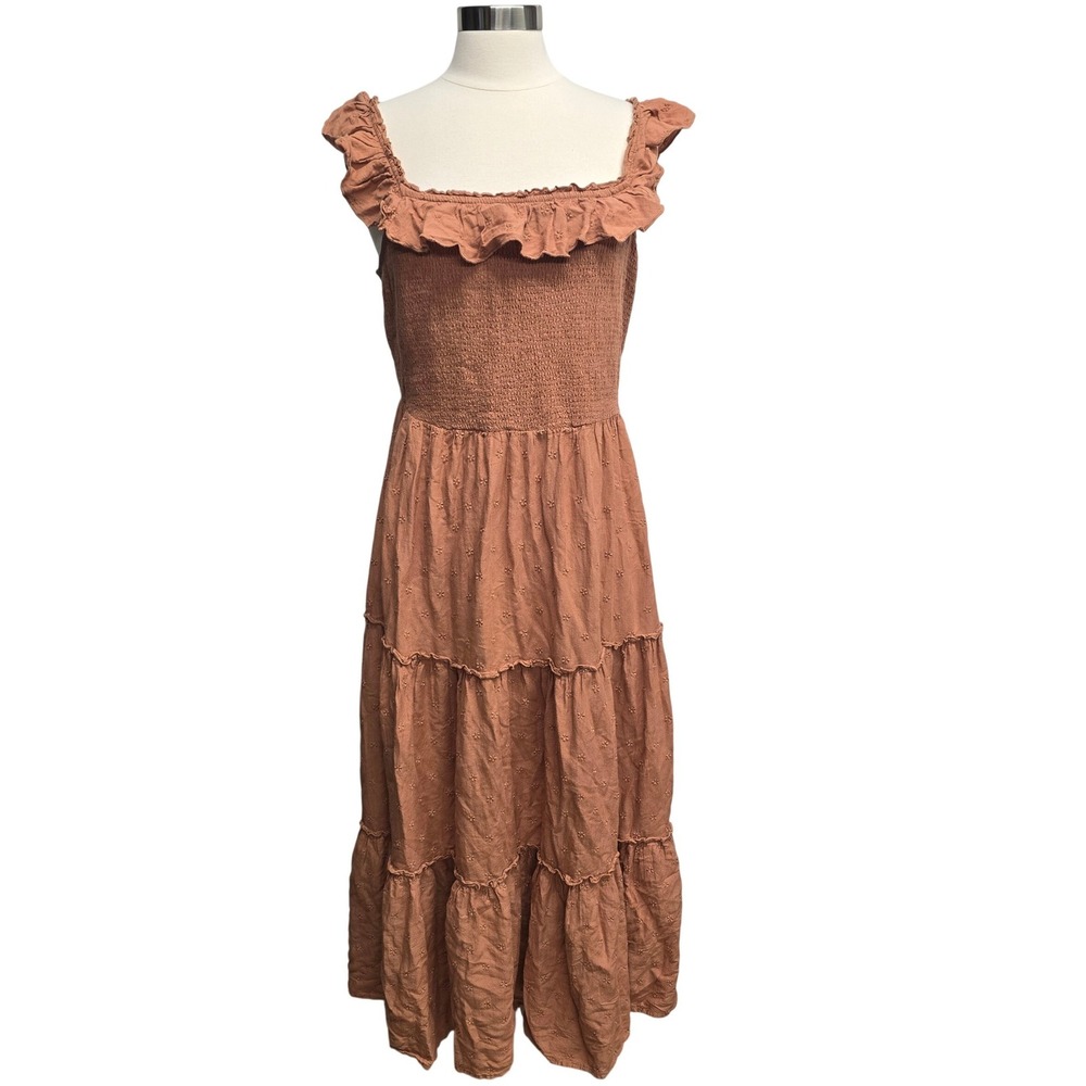 Old Navy Womens Terracotta Smocked Tiered‎ Midi Dress Ruffle Embroidered Large